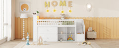 Twin Size Loft Bed with LED and Bookshelf, Wood Low Loft Bed with