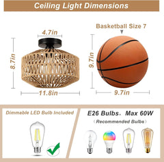 Boho Light Fixtures Ceiling Mount,Mini Rattan Chandelier Light Fixture