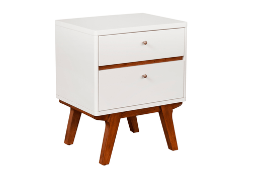 Dakota Modern Two Drawer Nightstand In White With Acorn Accents