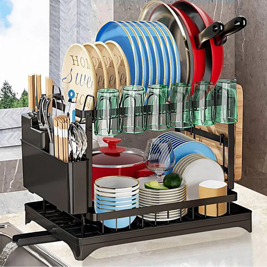 Dish Rack, 2 Tier Utensil Holder, Rustproof Dish Drying Rack With