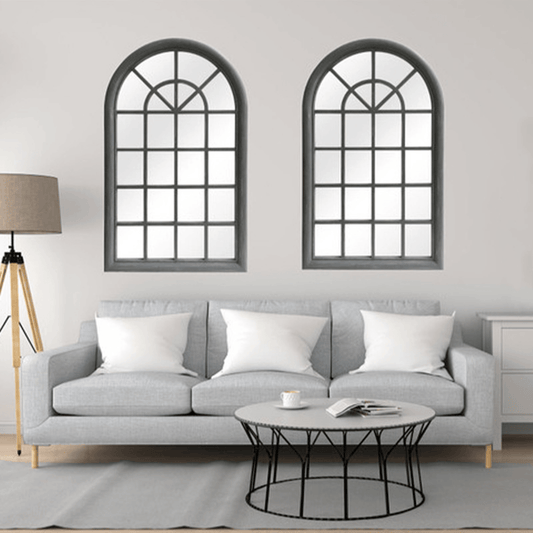 Distressed Grey Arched Window Pane Mirror