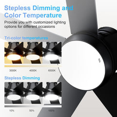 52" Ceiling Fan with Lights, Black Flush Mount Ceiling Fans, 5 Blades