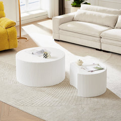 White Nesting table set of 2, Handcraft Relief MDF Coffee Table for