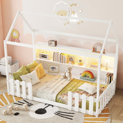 Twin Size House Bed with LED Light, Wood House Bed with Storage