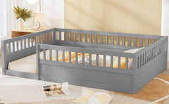 Full Floor Bed Frame with Fence, Wood Kids Floor Beds Frame for