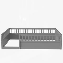 Full Floor Bed Frame with Fence, Wood Kids Floor Beds Frame for