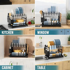 Dish Rack, 2 Tier Utensil Holder, Rustproof Dish Drying Rack With