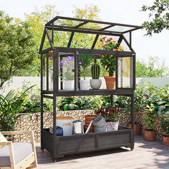 Garden Wood Portable Cold Frame with Movable Wheels Mini Greenhouse