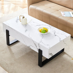 Minimalist MDF Marble-Patterned Coffee Table with Black Metal Legs,
