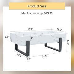 Minimalist MDF Marble-Patterned Coffee Table with Black Metal Legs,