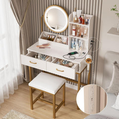 White Vanity Round Mirror, Lights, Charging, Small Bedroom