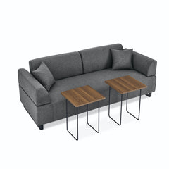 Linen Fabric 3 Seat Sofa with Two End Tables and Two Pillows,
