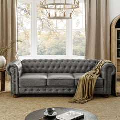 Chesterfield Sofa Tufted  Upholstered PU 3-Seater Sofa Scrolled Arms
