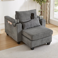 Convertible Chaise Lounge Sofa Chair Corduroy Sleeper with USB Ports,