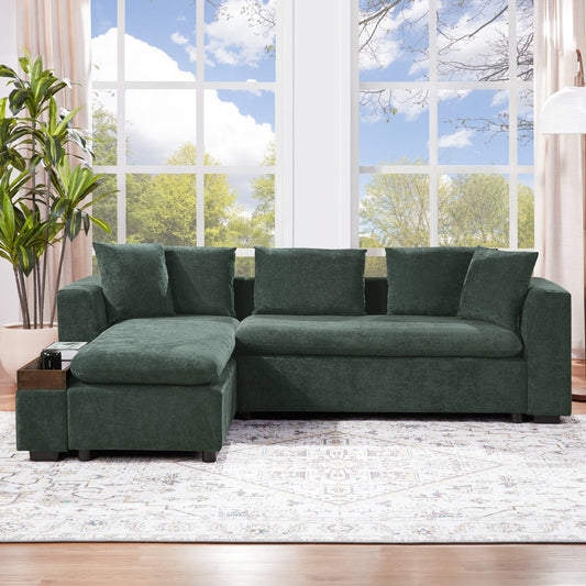 Elegant Chenille L-Shaped Sofa with Wooden Storage Compartment, Green,