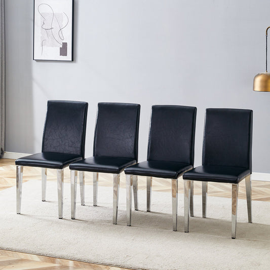 Simple and Versatile Four Black PU Dining Chairs with Silver Metal