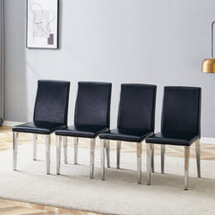 Simple and Versatile Four Black PU Dining Chairs with Silver Metal