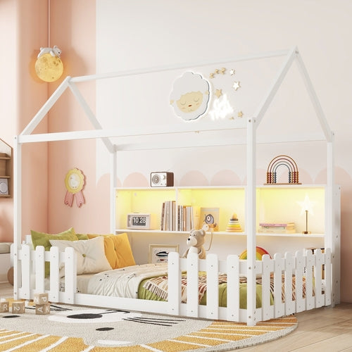 Twin Size House Bed with LED Light, Wood House Bed with Storage
