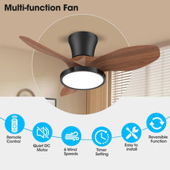 Quiet Ceiling Fan with LED Light DC Motor 32 Inch Large Air Volume