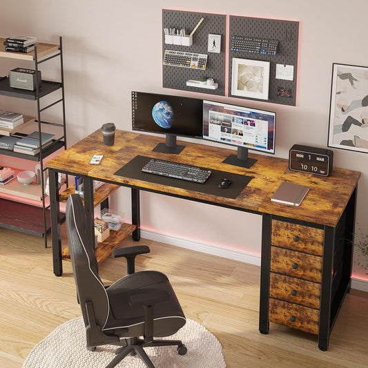 55 Inch Computer Desk with 4 Fabric Drawers & Storage Shelves, Writing