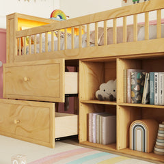 Twin Size Loft Bed with LED and Bookshelf, Wood Low Loft Bed with