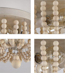 Boho Chandelier Wood Beaded Flush Mount Ceiling Light Fixtures for