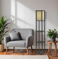 63" Black And White Solid Wood Column Floor Lamp With White Fabric