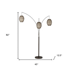 82" Bronze Three Light Tree Floor Lamp With Beige Wicker Cage Shade