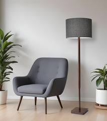 59" Natural Solid Wood Floor Lamp With White Linen Drum Shade