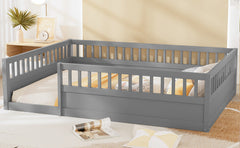 Full Floor Bed Frame with Fence, Wood Kids Floor Beds Frame for