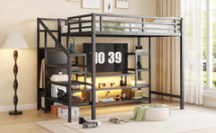 Full Size Metal Loft Bed with TV Stand, Metal Loft Bed with Staircase