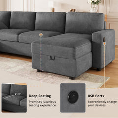 Modern Convertible Sectional Sofa with Storage Chaise Lounges and USB