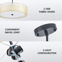 20" Black Drum Pendant Light 3-Light Fabric