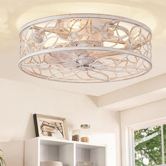 Caged Ceiling Fans with Lights, White Flush Mount Ceiling Fan with