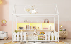 Twin Size House Bed with LED Light, Wood House Bed with Storage