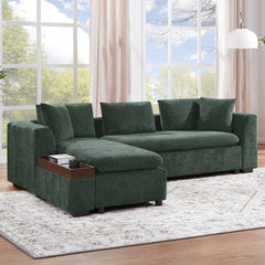 Elegant Chenille L-Shaped Sofa with Wooden Storage Compartment, Green,
