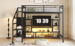 Full Size Metal Loft Bed with TV Stand, Metal Loft Bed with Staircase