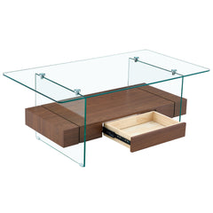 Modern Two-Tier Coffee Table with Drawer - Clear Tempered Glass &