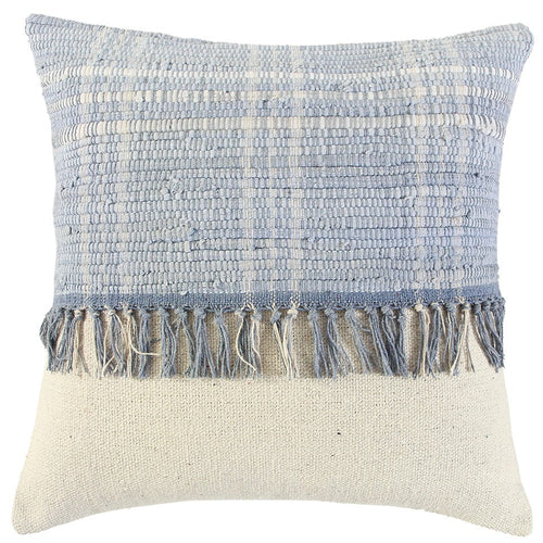 18" Blue And Natural Cotton Throw Pillow with Tassels