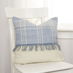 18" Blue And Natural Cotton Throw Pillow with Tassels