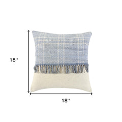 18" Blue And Natural Cotton Throw Pillow with Tassels