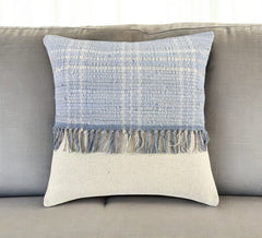 18" Blue And Natural Cotton Throw Pillow with Tassels