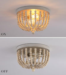 Boho Chandelier Wood Beaded Flush Mount Ceiling Light Fixtures for