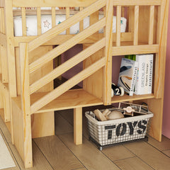 Twin Size Loft Bed with LED and Bookshelf, Wood Low Loft Bed with