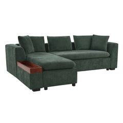 Elegant Chenille L-Shaped Sofa with Wooden Storage Compartment, Green,