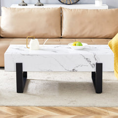Minimalist MDF Marble-Patterned Coffee Table with Black Metal Legs,