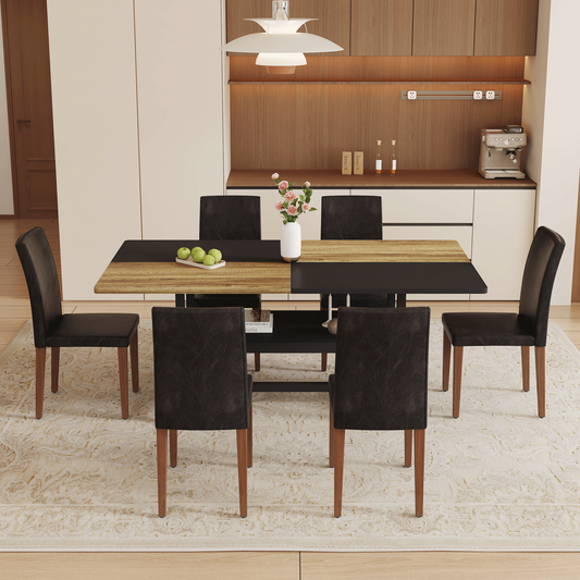 Table and chair set.71*35.4 inch Wooden And Black Spliced Dining Table