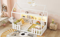 Twin Size House Bed with LED Light, Wood House Bed with Storage