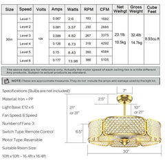 30 Inch Caged Ceiling Fan with Light Crystal Lampshade 6 Light Bases