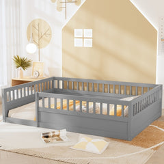Full Floor Bed Frame with Fence, Wood Kids Floor Beds Frame for